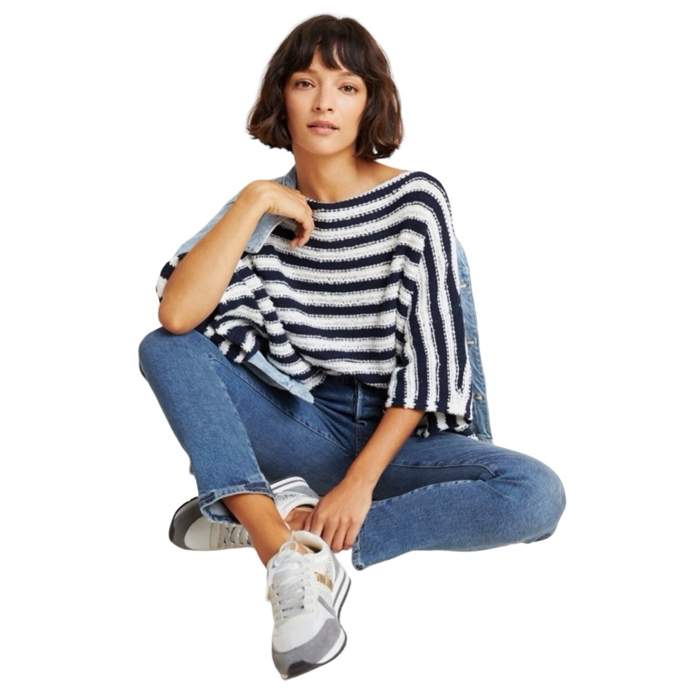 Anthropologie Lita Dolman Sleeve Pullover Sweater Navy White Stripe Size XS/S